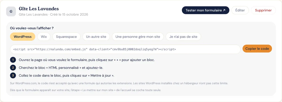 Nalunda : instructions d’intégration du formulaire selon le site
