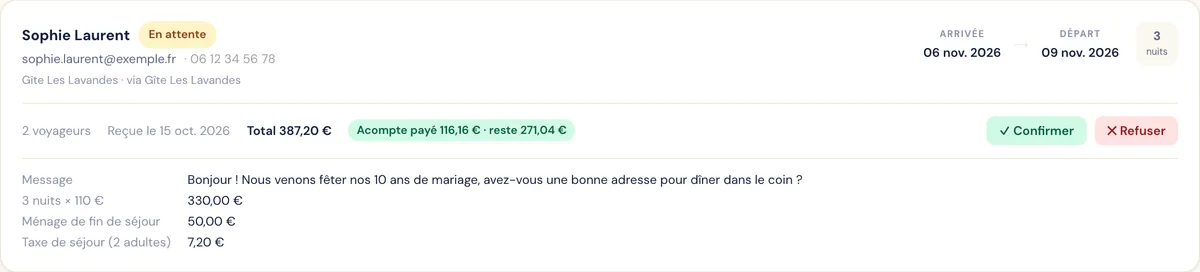 Nalunda : demande de réservation avec acompte payé